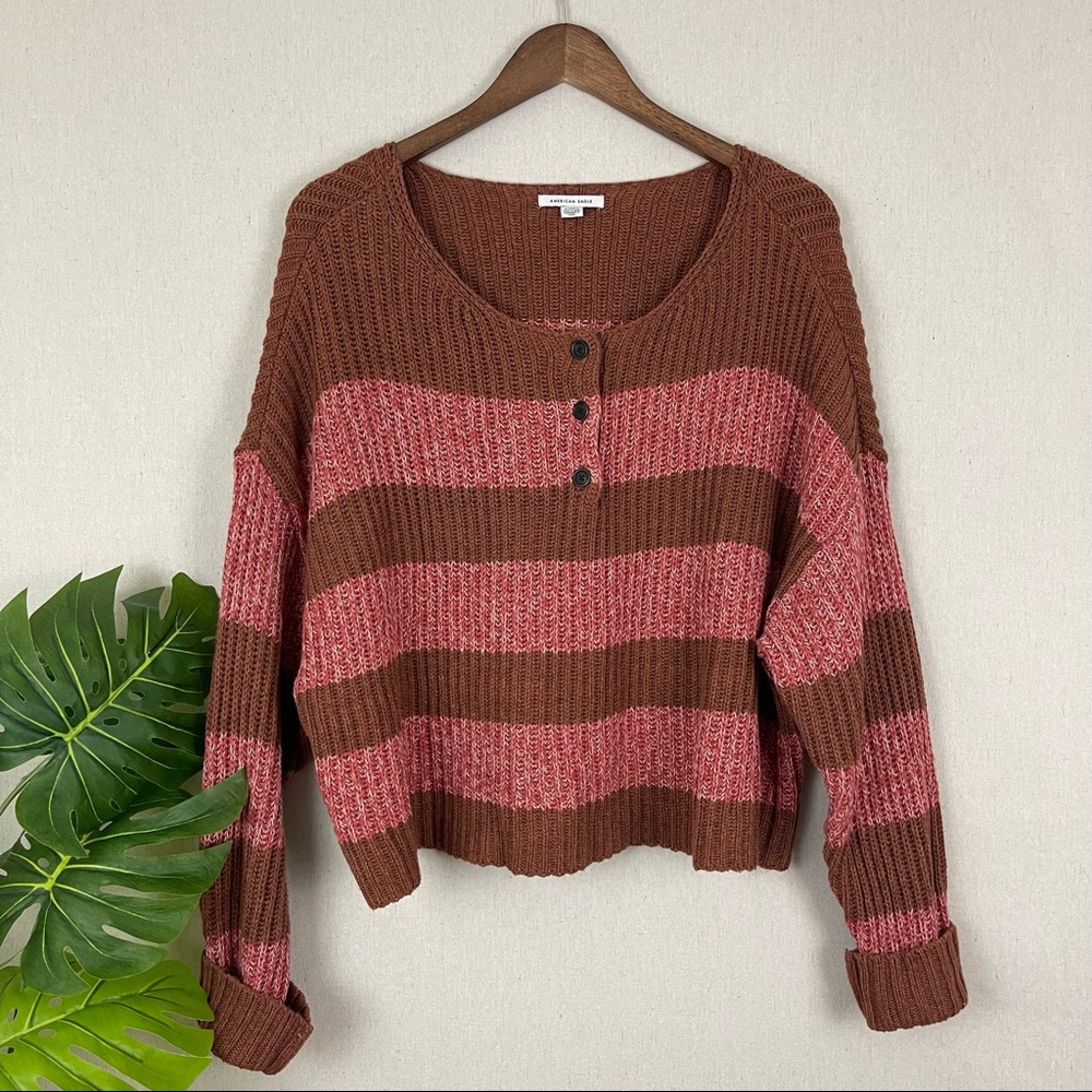 American Eagle Striped Henley Cropped Sweater (Sz XLarge)